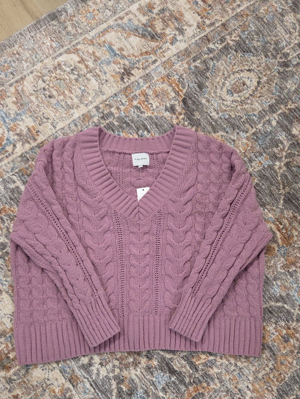 Pink Rose Dusty Mauve Cable V-Neck Sweater